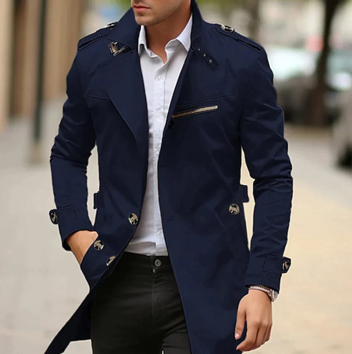 Men's Slim-Fit Double-Breasted Wool Coat Trench Jacket - Image 2