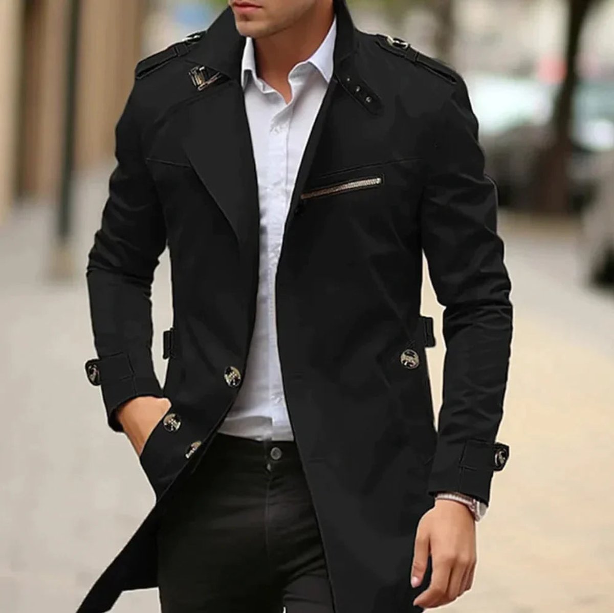 Men's Slim-Fit Double-Breasted Wool Coat Trench Jacket - Image 4