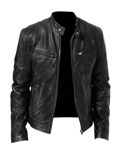Men's Slim-Fit Moto Leather Mens Quilted Jacket Stand Collar - Image 1