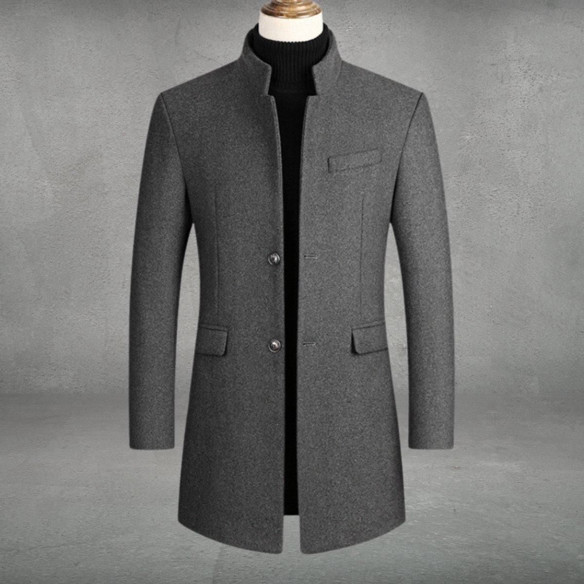 Men's Slim-Fit Wool Blend Overcoat Long Mens Wool Coat Standing Collar - Image 1