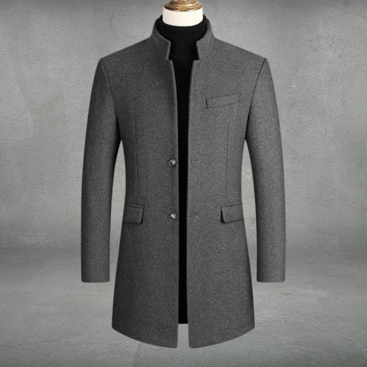 Men's Slim-Fit Wool Blend Overcoat Long Mens Wool Coat Standing Collar - Image 1