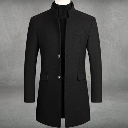 Men's Slim-Fit Wool Blend Overcoat Long Mens Wool Coat Standing Collar - Image 2