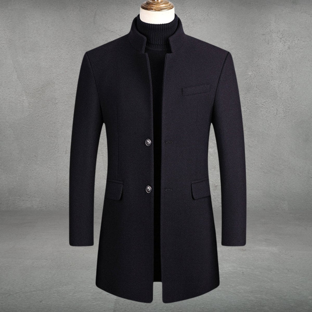 Men's Slim-Fit Wool Blend Overcoat Long Mens Wool Coat Standing Collar - Image 3