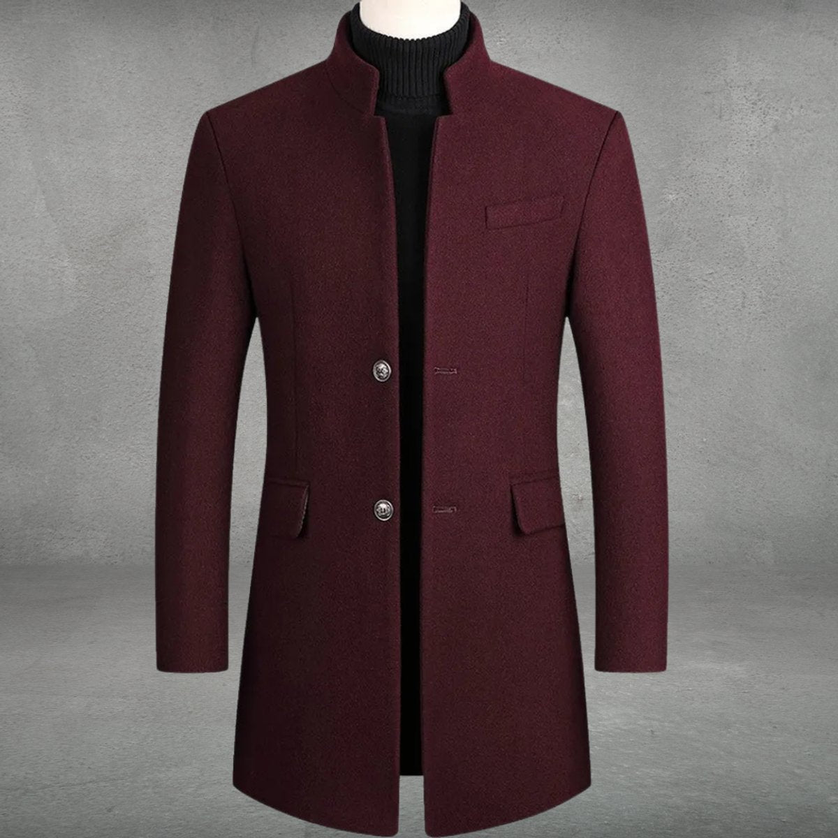 Men's Slim-Fit Wool Blend Overcoat Long Mens Wool Coat Standing Collar - Image 4