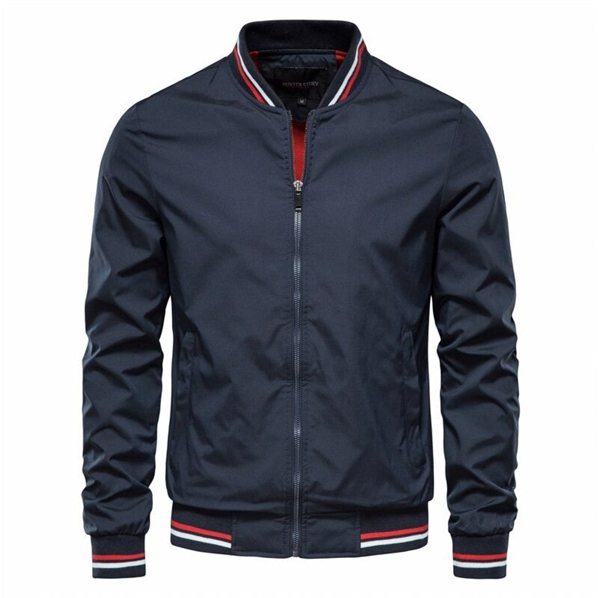 Men's Solid Zip-Up Bomber Jacket Ribbed Collar Cuffs - Image 2