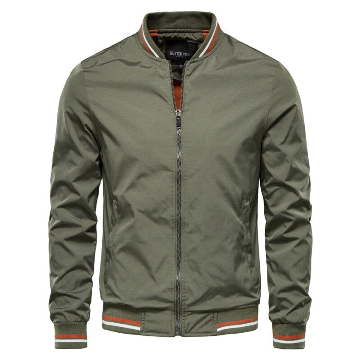 Men's Solid Zip-Up Bomber Jacket Ribbed Collar Cuffs - Image 3