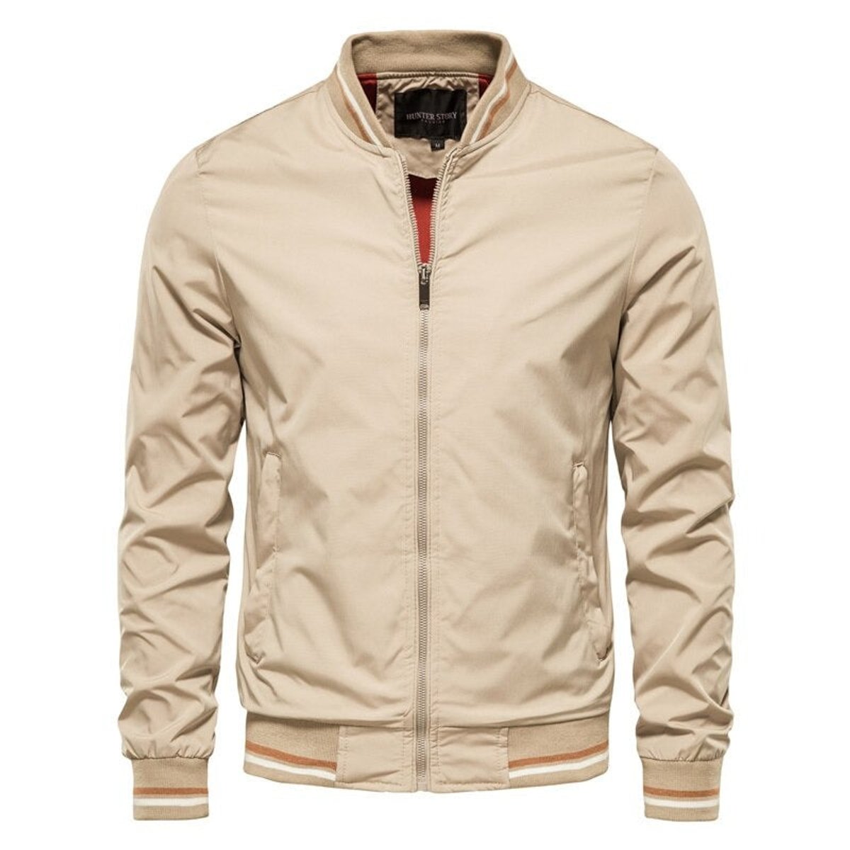 Men's Solid Zip-Up Bomber Jacket Ribbed Collar Cuffs - Image 4