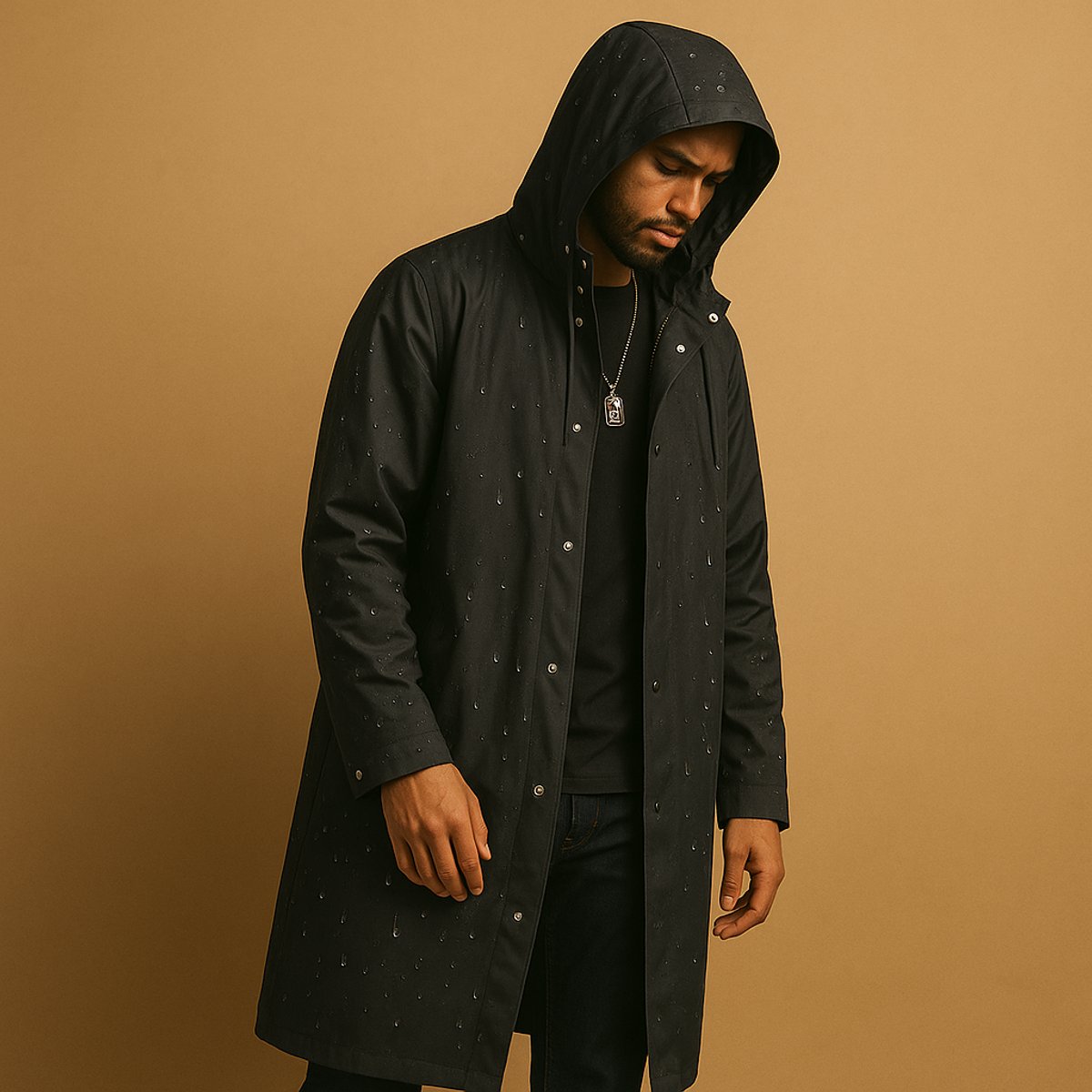 Men's Waterproof Hooded Long Rain Jacket EVA Snap-Button - Image 2