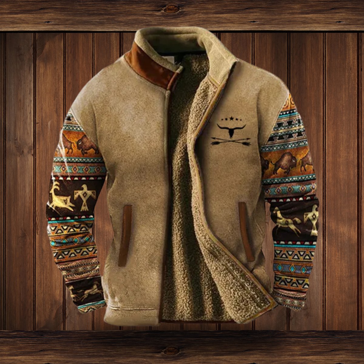 Men's Western Sherpa-Lined Full-Zip Fleece Bomber Jacket - Image 5
