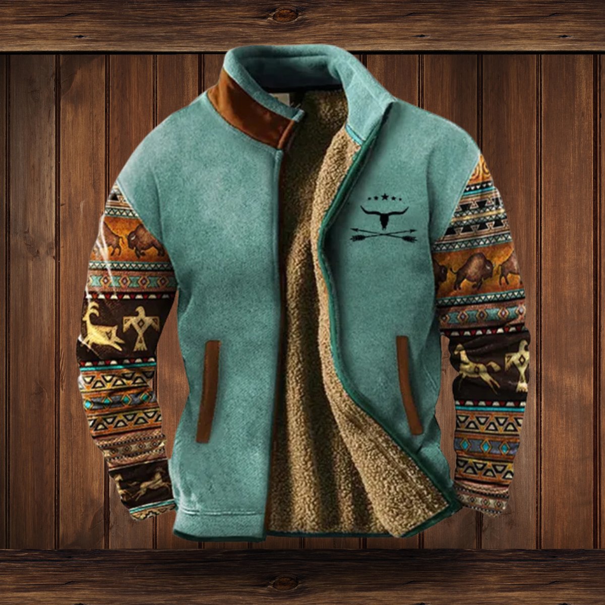Men's Western Sherpa-Lined Full-Zip Fleece Bomber Jacket - Image 6