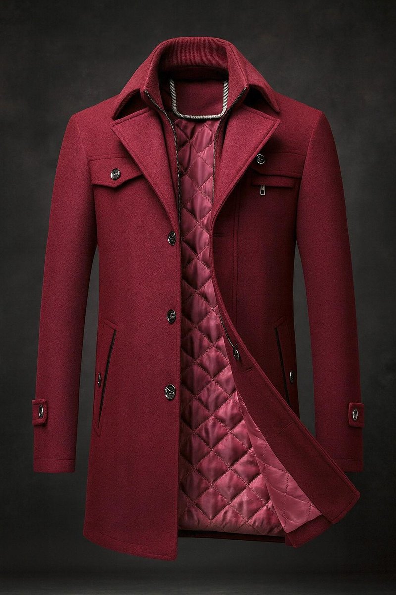 Men's Wool Coat Double-Collar Quilted-Lined Overcoat - Image 3