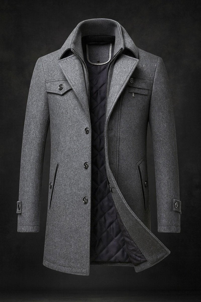 Men's Wool Coat Double-Collar Quilted-Lined Overcoat - Image 4