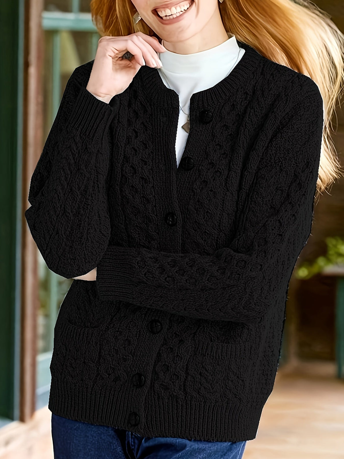 Plain Knitted Cardigan with Button Closure and Pockets - Olivia - Image 6