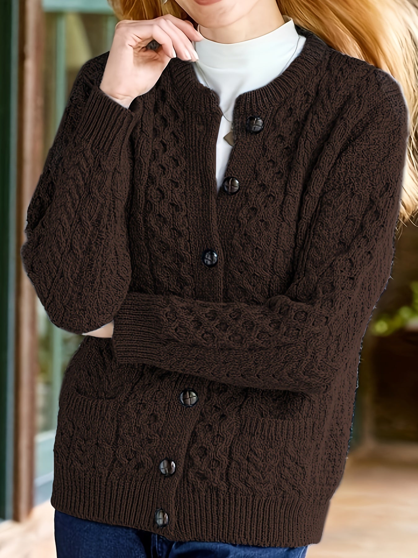 Plain Knitted Cardigan with Button Closure and Pockets - Olivia - Image 3