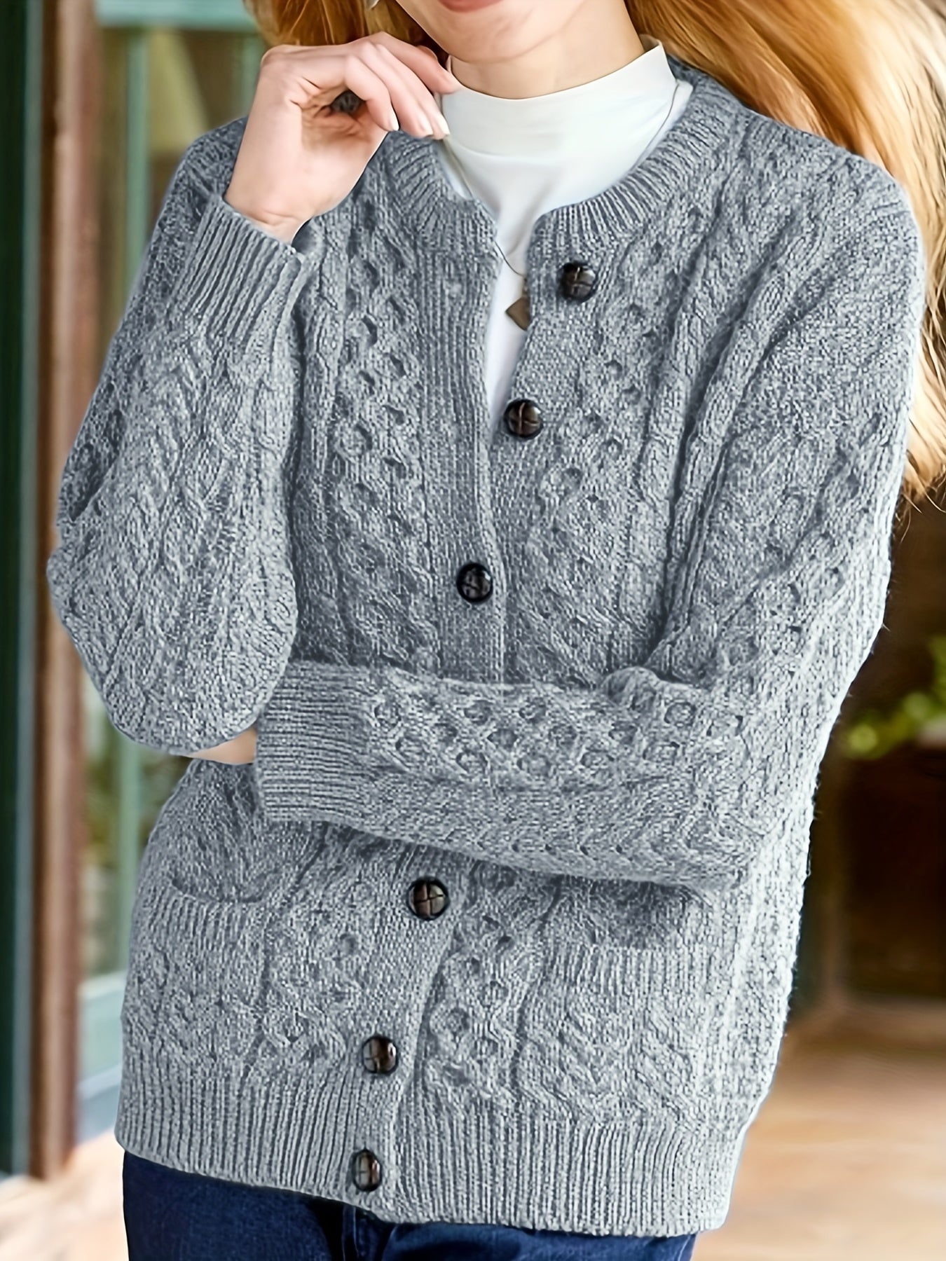 Plain Knitted Cardigan with Button Closure and Pockets - Olivia - Image 2