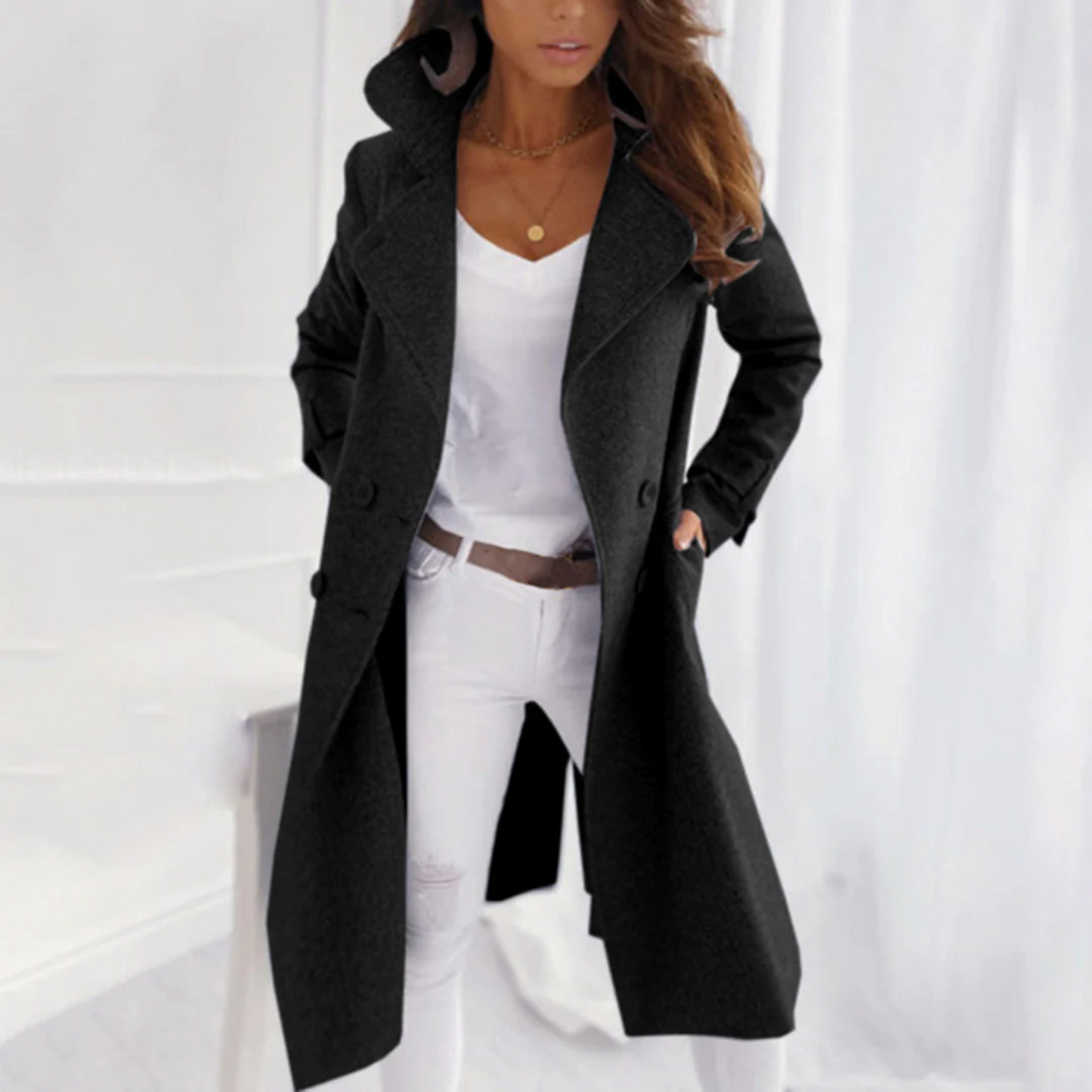 Stylish Wool Women's Coat with Turned-Up Collar - Elena - Image 5