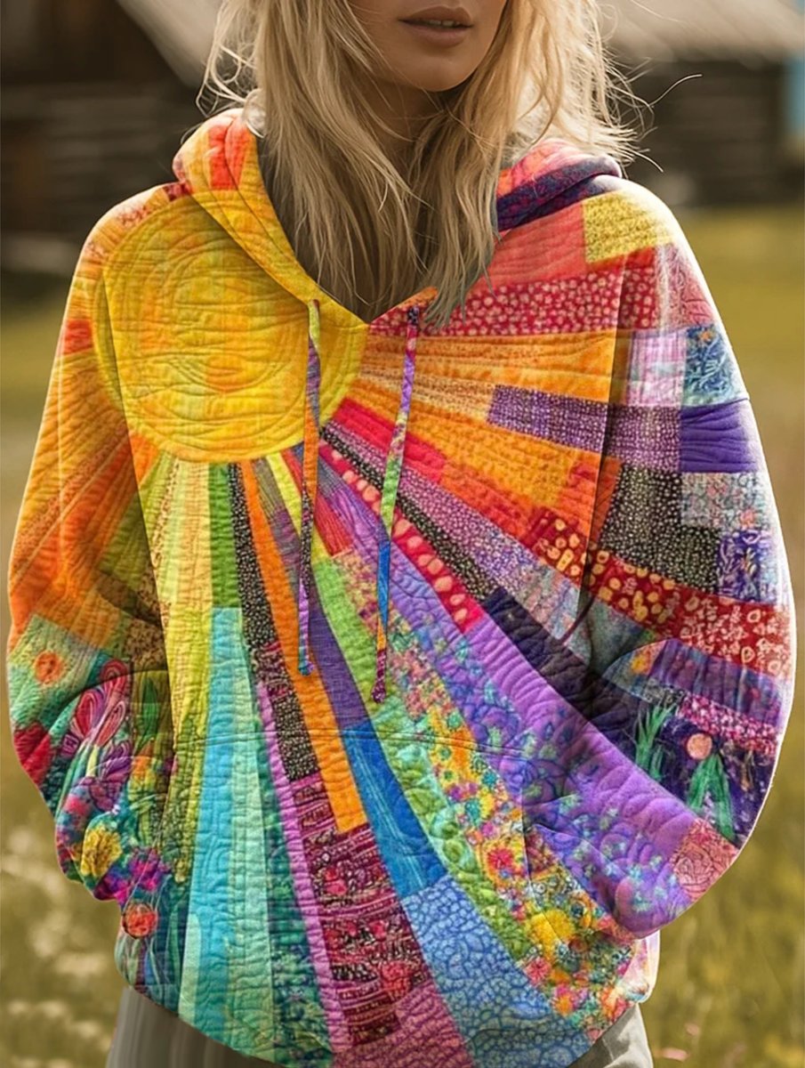 Women's Bohemian Quilted Patchwork Pullover Hoodie Sweater