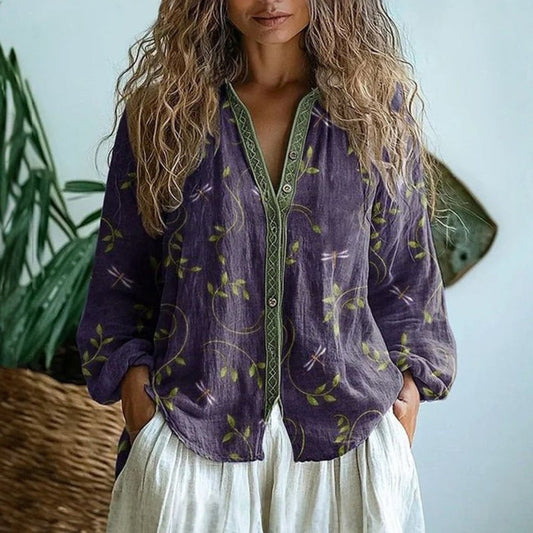 Women's Boho Linen Button-Down Cardigan Blouse Long Sleeve V-Neck - Image 1