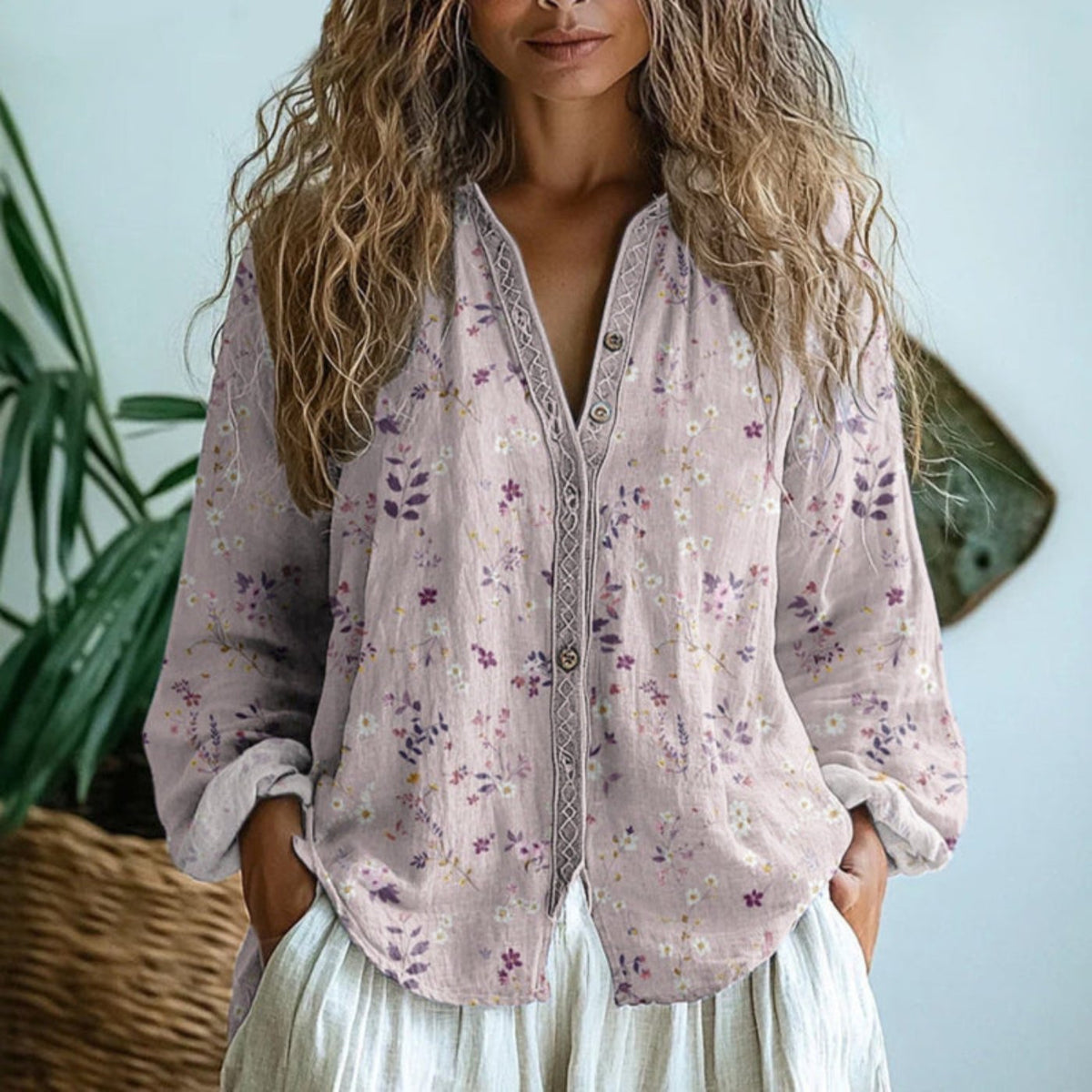 Women's Boho Linen Button-Down Cardigan Blouse Long Sleeve V-Neck - Image 2