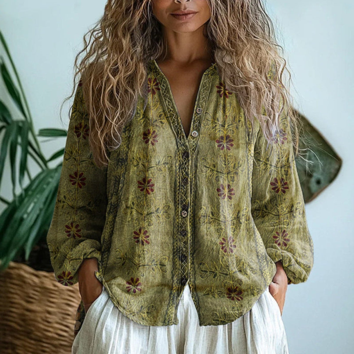 Women's Boho Linen Button-Down Cardigan Blouse Long Sleeve V-Neck - Image 3