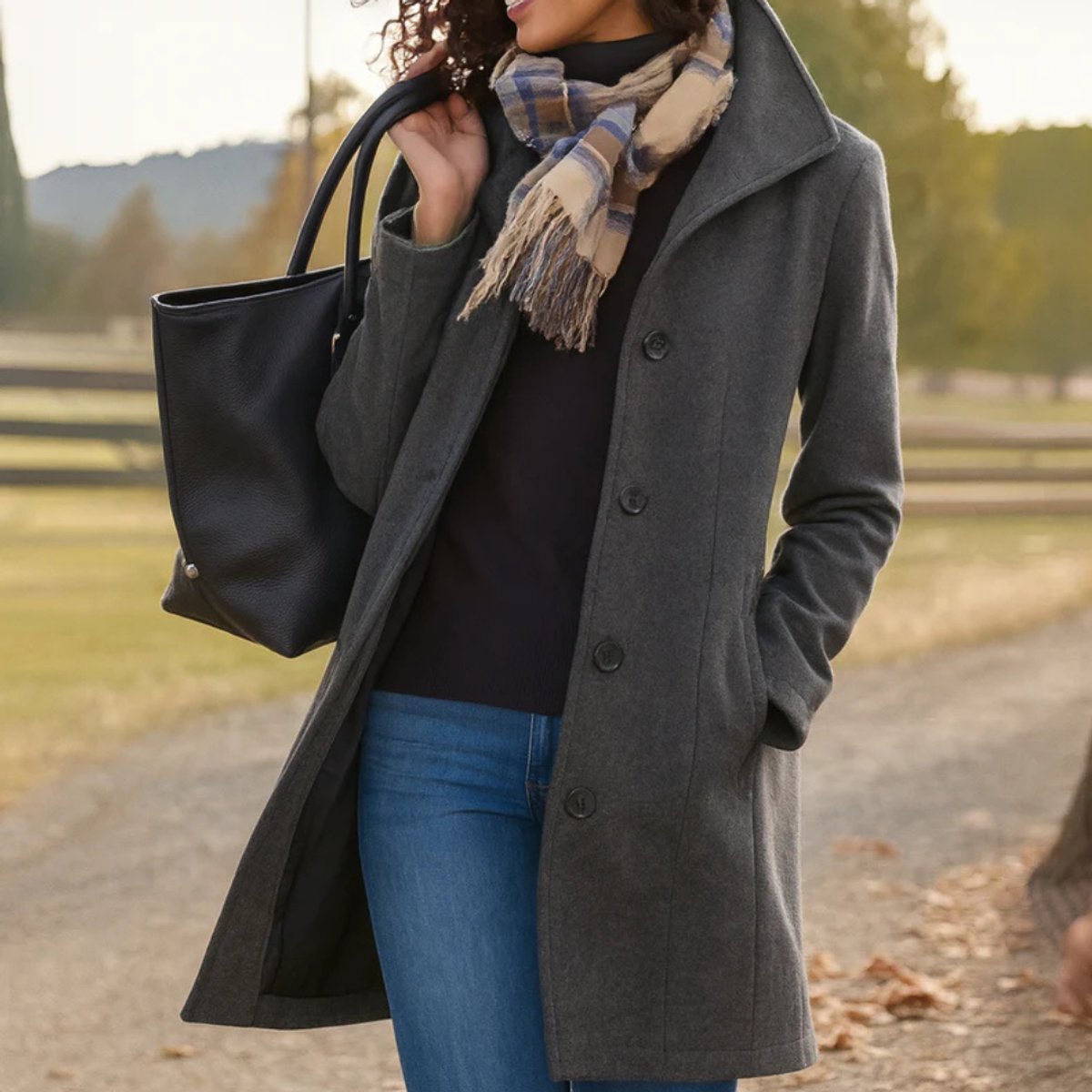Women's Classic Mid-Length Single-Breasted Wool-Blend Coat - Image 2