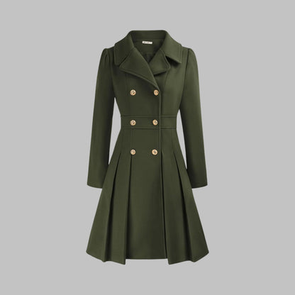 Women's Coat Double-Breasted Pleated A-Line Long Sleeve Overcoat - Image 12