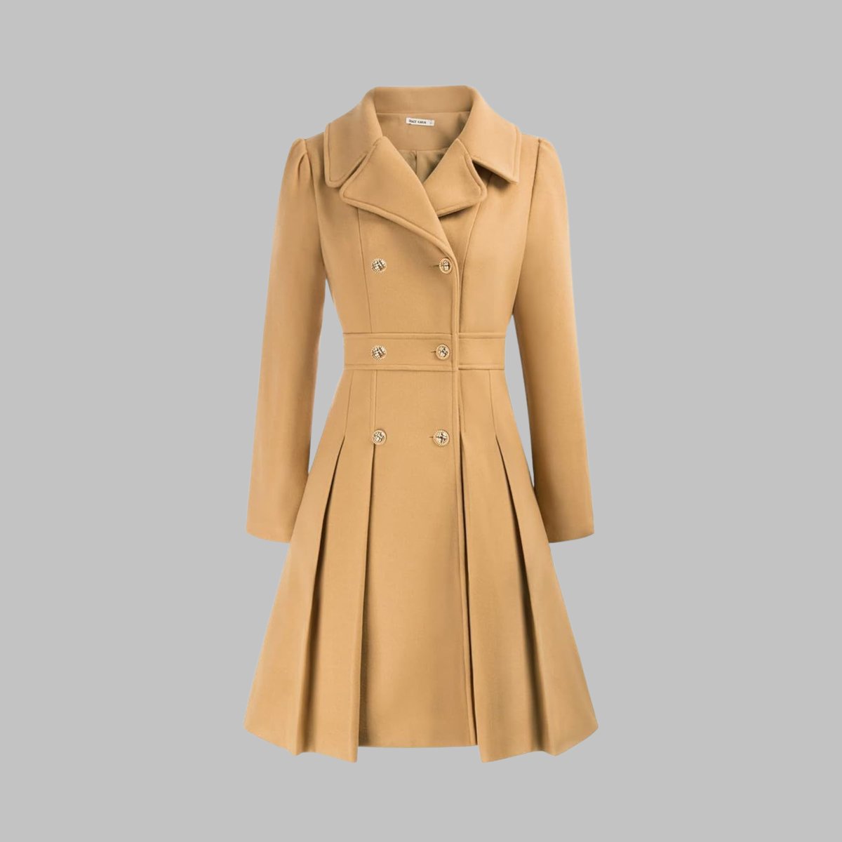 Women's Coat Double-Breasted Pleated A-Line Long Sleeve Overcoat - Image 14