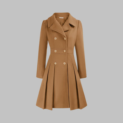 Women's Coat Double-Breasted Pleated A-Line Long Sleeve Overcoat - Image 2