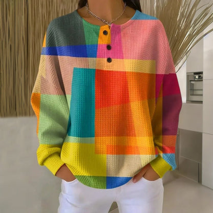 Women's Colorblock Waffle-Knit Long Sleeve Henley Sweater - Image 2