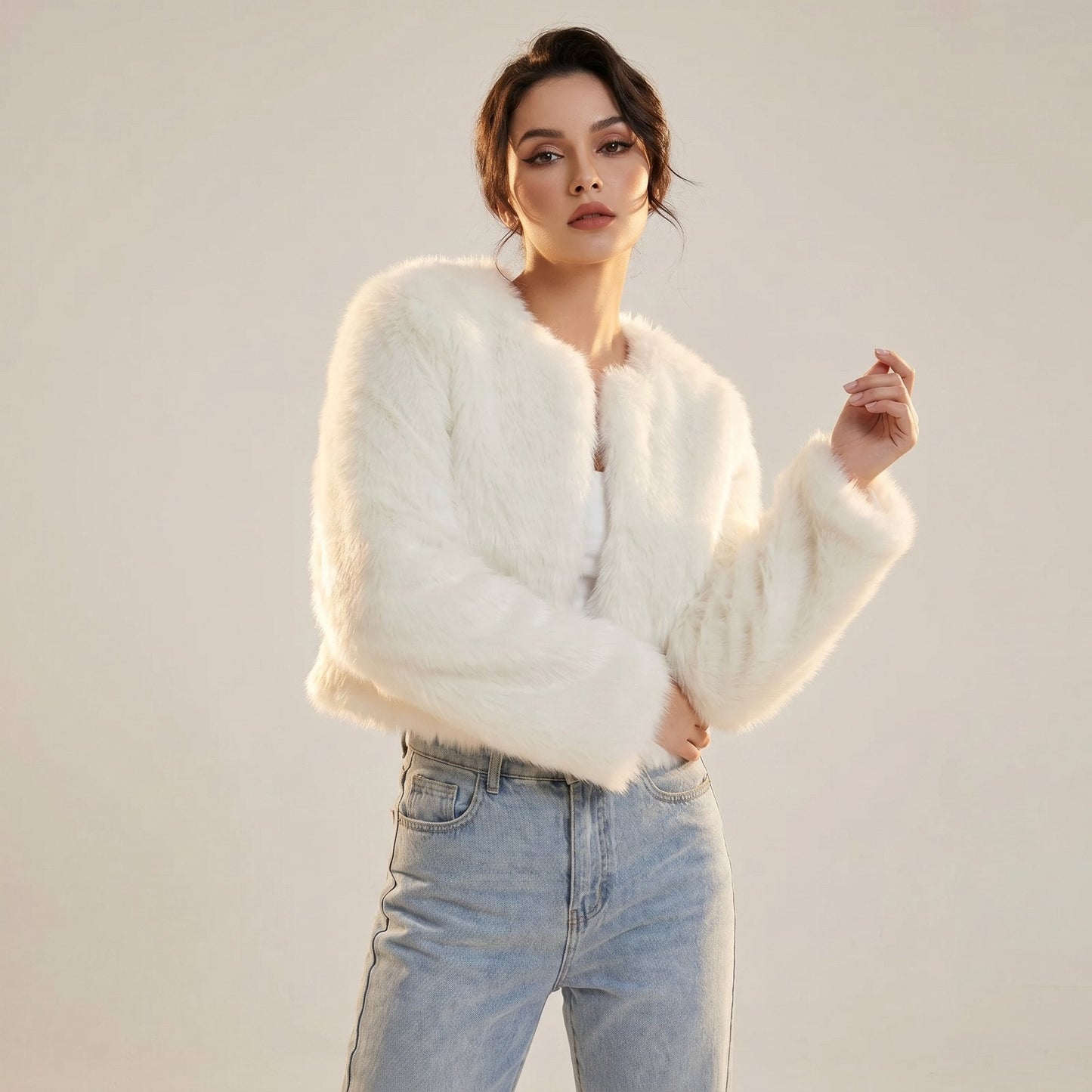 Women's Cropped Faux Fur Cardigan Jacket - Image 2