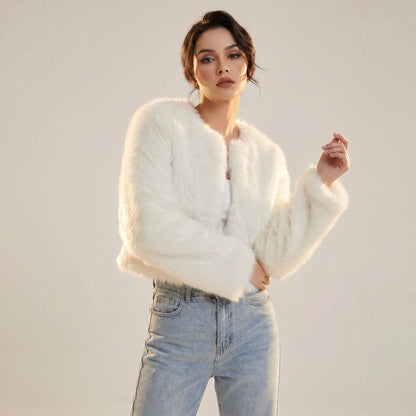 Women's Cropped Faux Fur Cardigan Jacket - Image 2