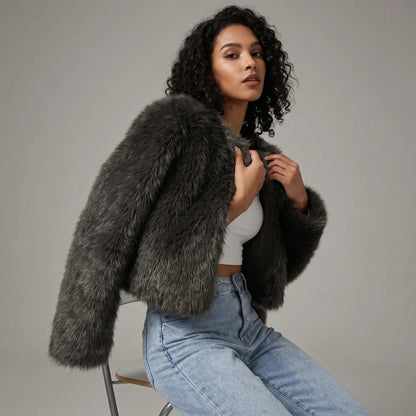 Women's Cropped Faux Fur Cardigan Jacket - Image 3