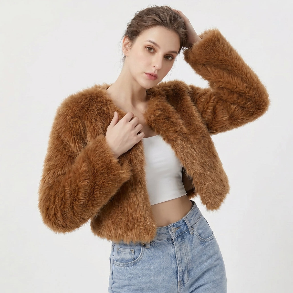 Women's Cropped Faux Fur Cardigan Jacket - Image 4