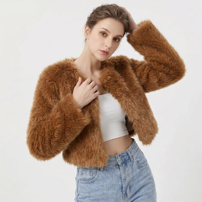 Women's Cropped Faux Fur Cardigan Jacket - Image 4
