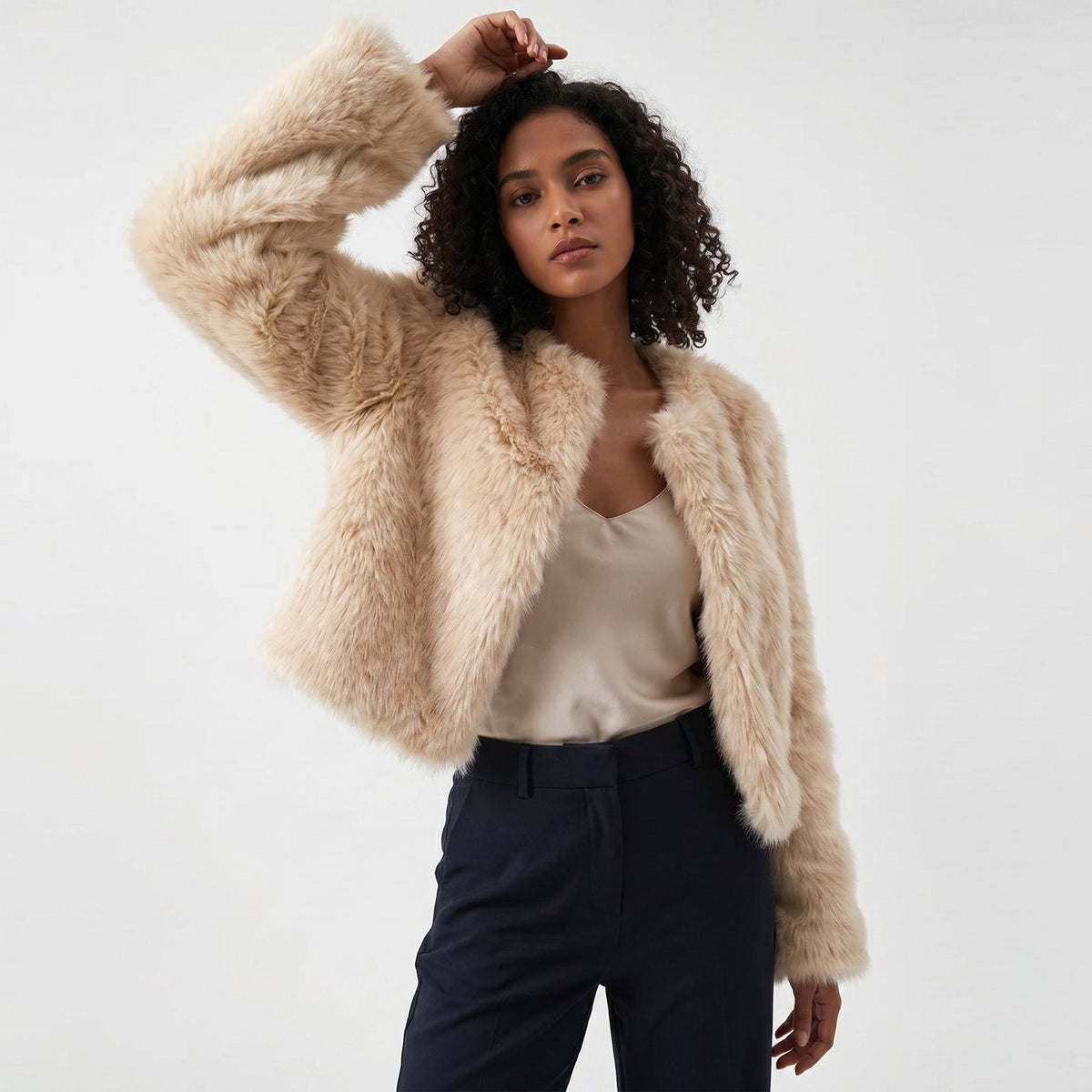 Women's Cropped Faux Fur Cardigan Jacket - Image 5