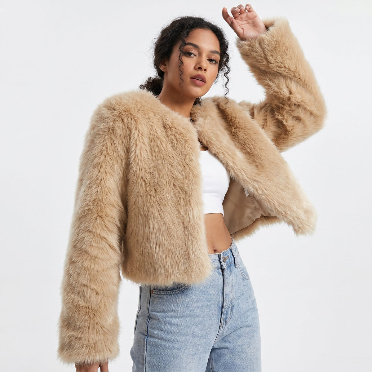 Women's Cropped Faux Fur Cardigan Jacket - Image 6