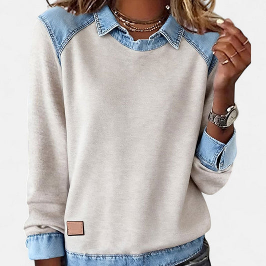 Women's Denim-Collar Raglan Knit Sweater Long Sleeve Pullover - Image 1