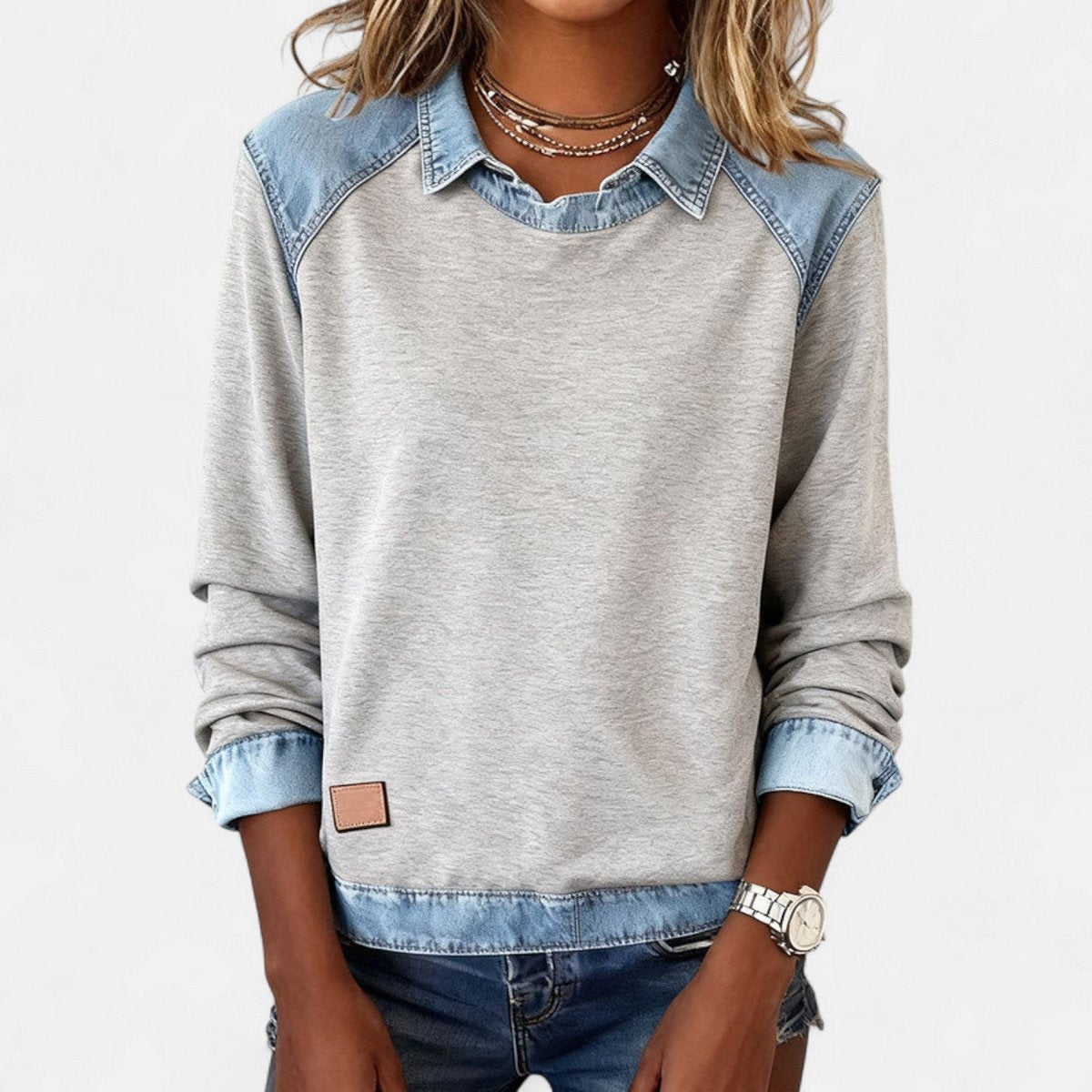 Women's Denim-Collar Raglan Knit Sweater Long Sleeve Pullover - Image 10