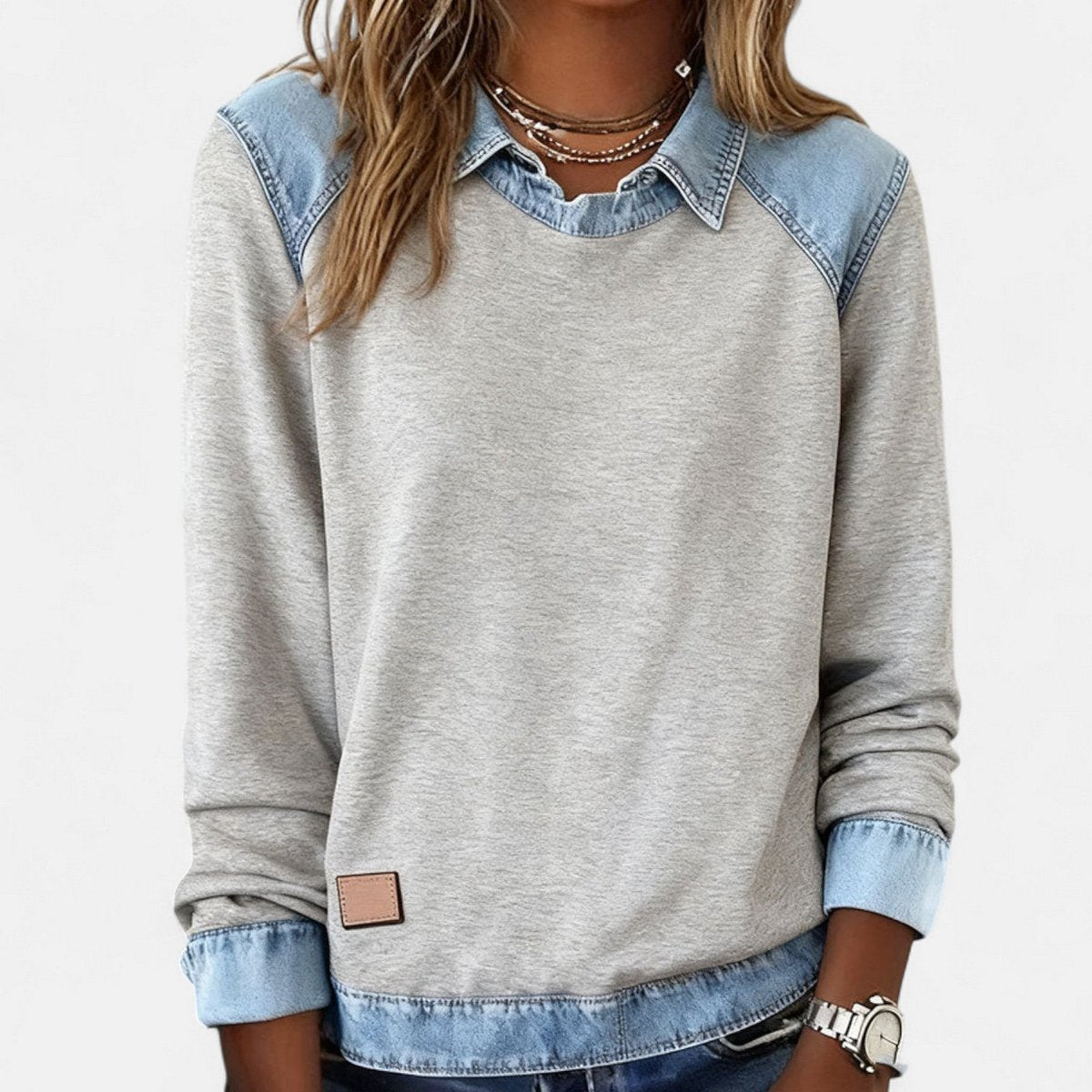 Women's Denim-Collar Raglan Knit Sweater Long Sleeve Pullover - Image 11