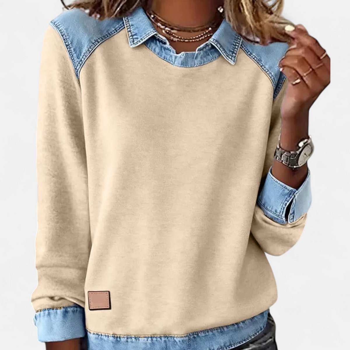 Women's Denim-Collar Raglan Knit Sweater Long Sleeve Pullover - Image 12