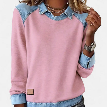 Women's Denim-Collar Raglan Knit Sweater Long Sleeve Pullover - Image 15