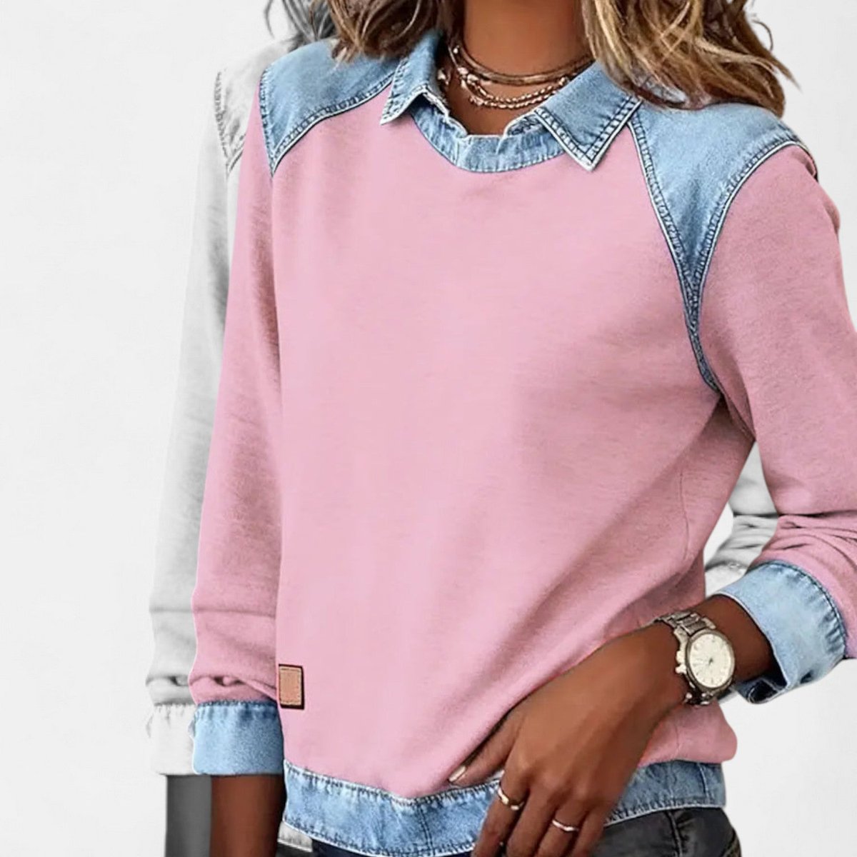 Women's Denim-Collar Raglan Knit Sweater Long Sleeve Pullover - Image 16