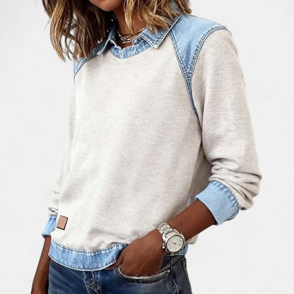 Women's Denim-Collar Raglan Knit Sweater Long Sleeve Pullover - Image 2
