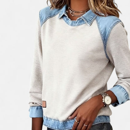 Women's Denim-Collar Raglan Knit Sweater Long Sleeve Pullover - Image 3