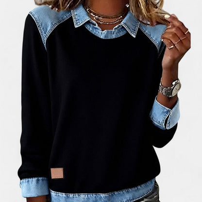 Women's Denim-Collar Raglan Knit Sweater Long Sleeve Pullover - Image 5
