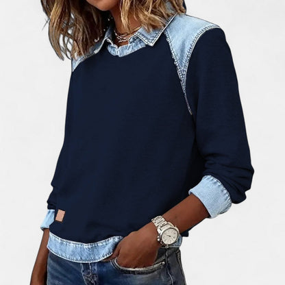 Women's Denim-Collar Raglan Knit Sweater Long Sleeve Pullover - Image 7