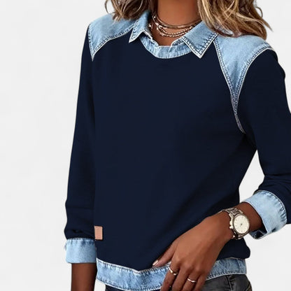 Women's Denim-Collar Raglan Knit Sweater Long Sleeve Pullover - Image 8