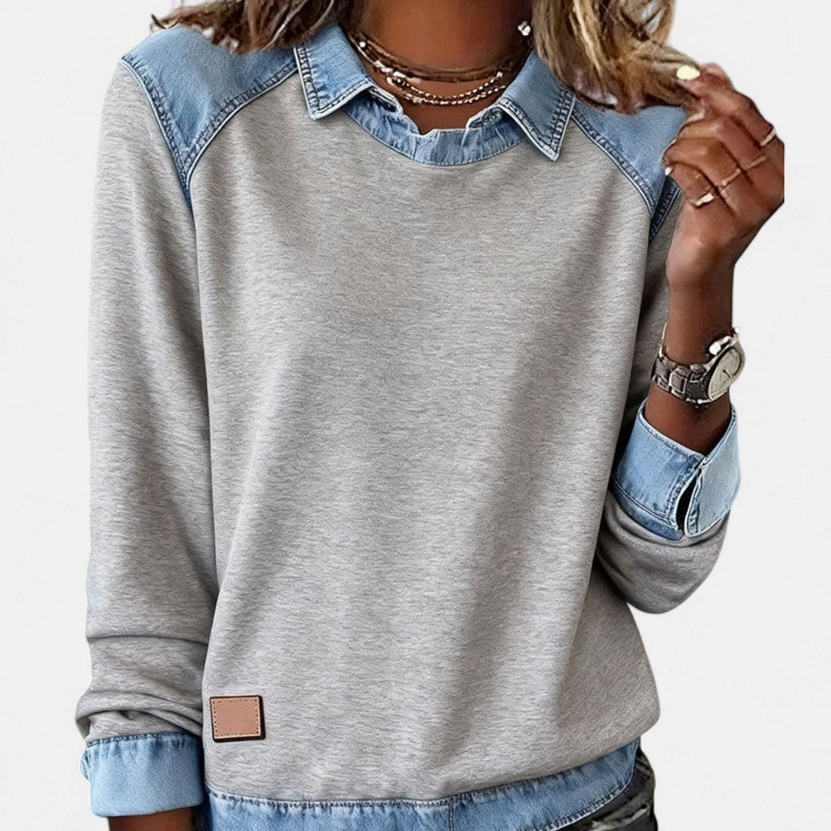 Women's Denim-Collar Raglan Knit Sweater Long Sleeve Pullover - Image 9