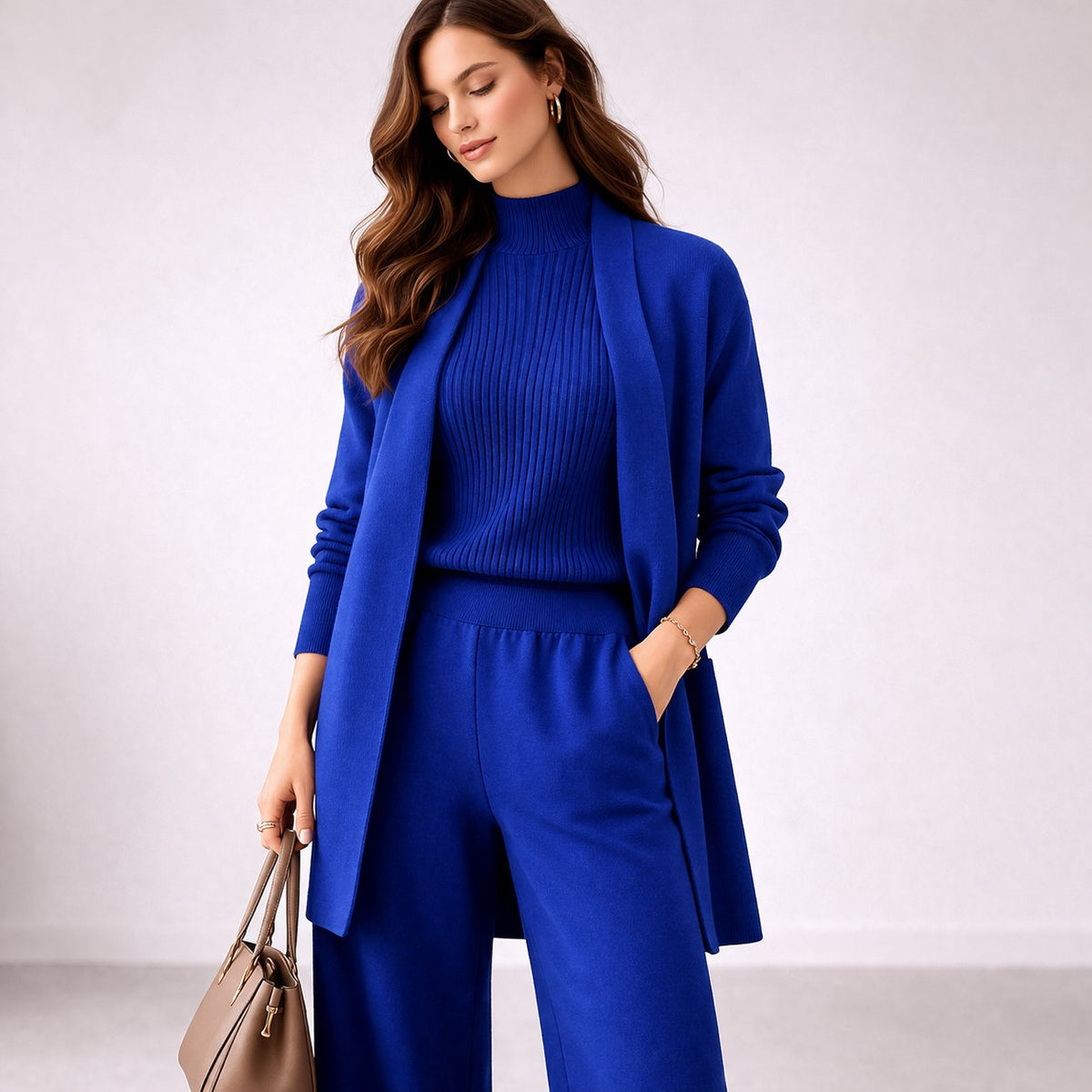 Women's Elegant Three-Piece Knit Lounge Set Evening Gown Cardigan - Image 4
