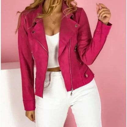 Women's Faux Leather Jacket Convertible Collar Zip-Up Moto - Image 6
